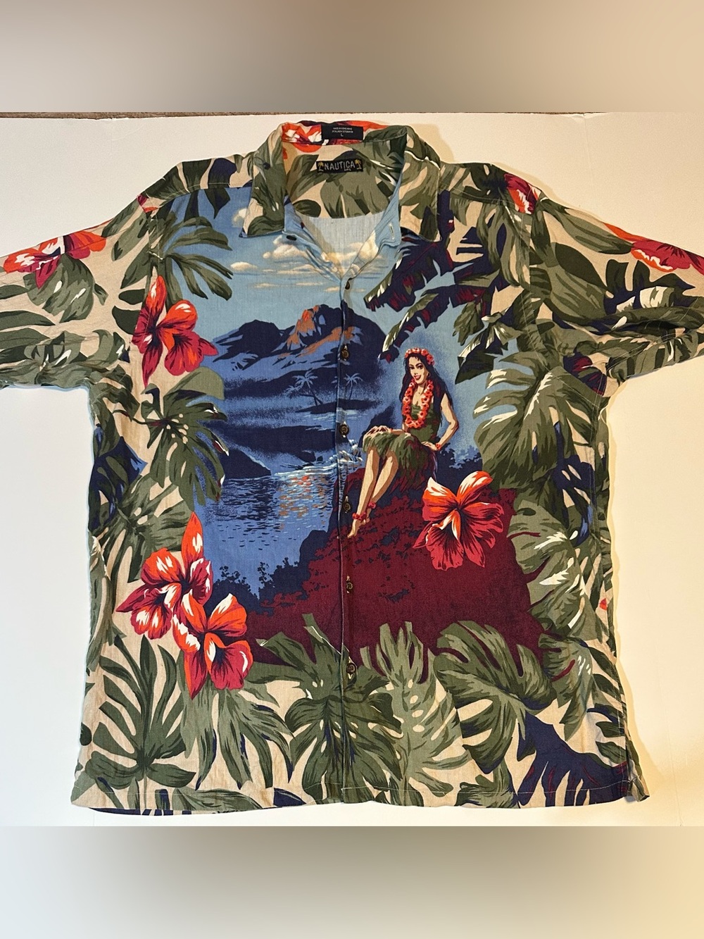 Vintage 90s Nautica Hawaiian Shirt Linen Blend Hula Girl